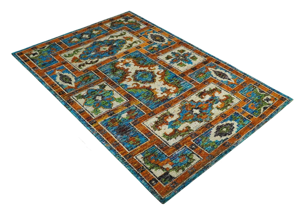 5x8 Hand Knotted Blue, Ivory and Rust Modern Recycled Silk Area Rug