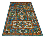5x8 Hand Knotted Blue, Ivory and Rust Modern Recycled Silk Area Rug