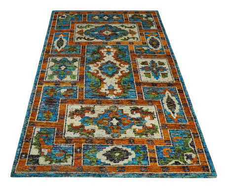 5x8 Hand Knotted Blue, Ivory and Rust Modern Recycled Silk Area Rug