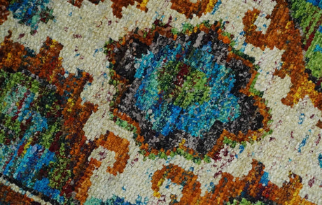 5x8 Hand Knotted Blue, Ivory and Rust Modern Recycled Silk Area Rug