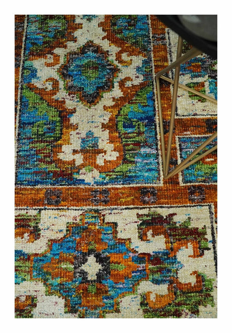 5x8 Hand Knotted Blue, Ivory and Rust Modern Recycled Silk Area Rug