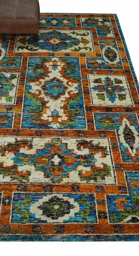 5x8 Hand Knotted Blue, Ivory and Rust Modern Recycled Silk Area Rug