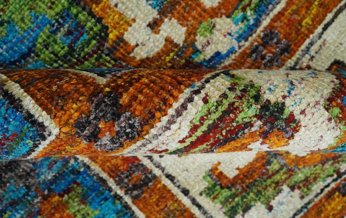 5x8 Hand Knotted Blue, Ivory and Rust Modern Recycled Silk Area Rug