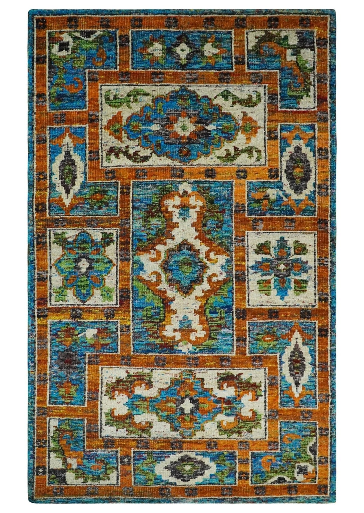 5x8 Hand Knotted Blue, Ivory and Rust Modern Recycled Silk Area Rug