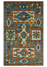5x8 Hand Knotted Blue, Ivory and Rust Modern Recycled Silk Area Rug
