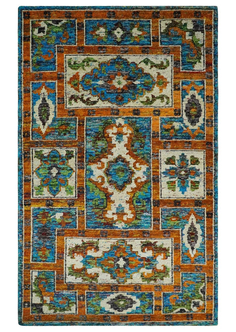 5x8 Hand Knotted Blue, Ivory and Rust Modern Recycled Silk Area Rug