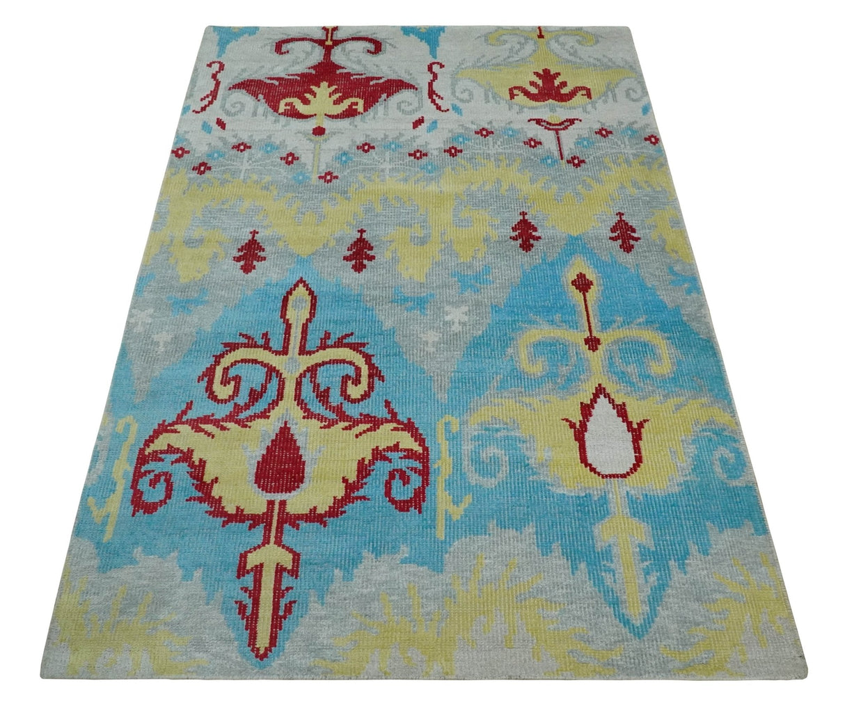 5x8 Hand Knotted Blue, Silver and Red Contemporary Recycled Silk Area Rug