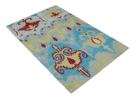 5x8 Hand Knotted Blue, Silver and Red Contemporary Recycled Silk Area Rug