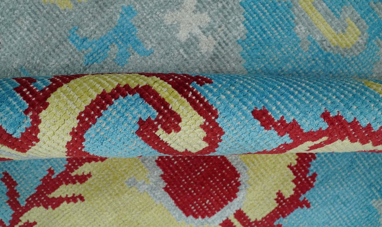 5x8 Hand Knotted Blue, Silver and Red Contemporary Recycled Silk Area Rug
