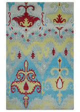 5x8 Hand Knotted Blue, Silver and Red Contemporary Recycled Silk Area Rug