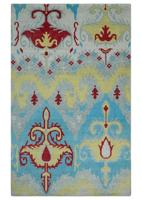 5x8 Hand Knotted Blue, Silver and Red Contemporary Recycled Silk Area Rug