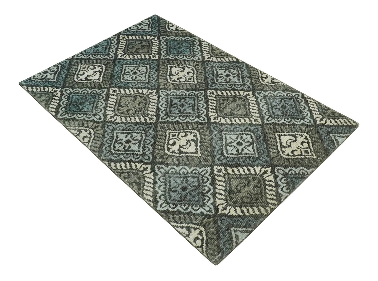 5x8 Hand Knotted Charcoal, Blue and Ivory Antique Persian Style Contemporary Bamboo Silk Area Rug | OP88