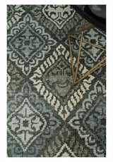 5x8 Hand Knotted Charcoal, Blue and Ivory Antique Persian Style Contemporary Bamboo Silk Area Rug | OP88