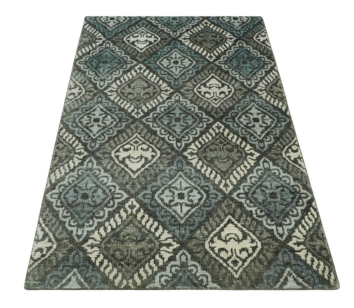 5x8 Hand Knotted Charcoal, Blue and Ivory Contemporary Bamboo Silk Area Rug
