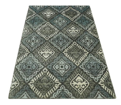 5x8 Hand Knotted Charcoal, Blue and Ivory Contemporary Bamboo Silk Area Rug