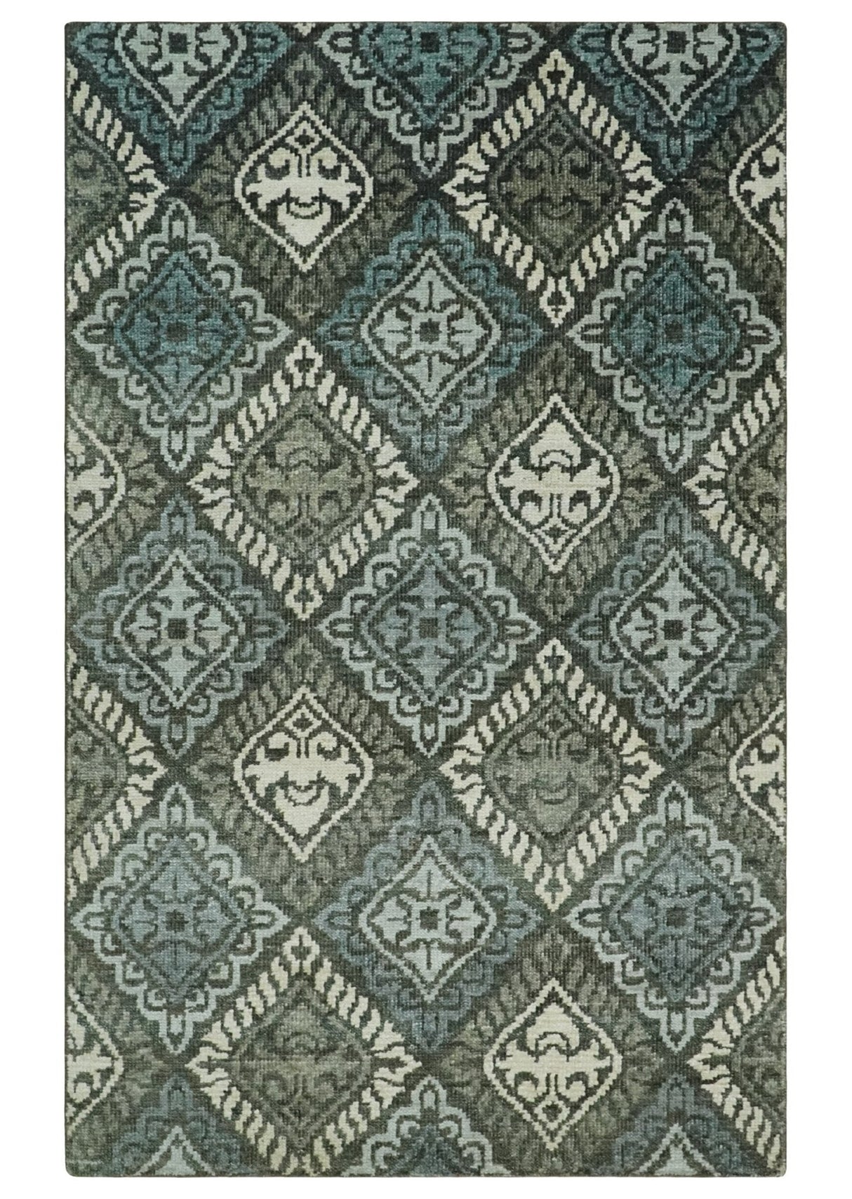 5x8 Hand Knotted Charcoal, Blue and Ivory Contemporary Bamboo Silk Area Rug