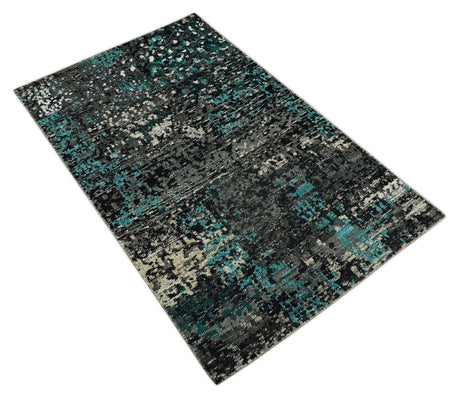 5x8 Hand Knotted Charcoal, Ivory and Blue Modern Abstract Recycled Silk Area Rug