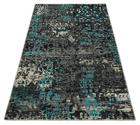 5x8 Hand Knotted Charcoal, Ivory and Blue Modern Abstract Recycled Silk Area Rug