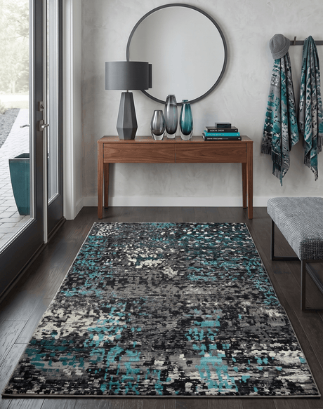 5x8 Hand Knotted Charcoal, Ivory and Blue Modern Abstract Recycled Silk Area Rug