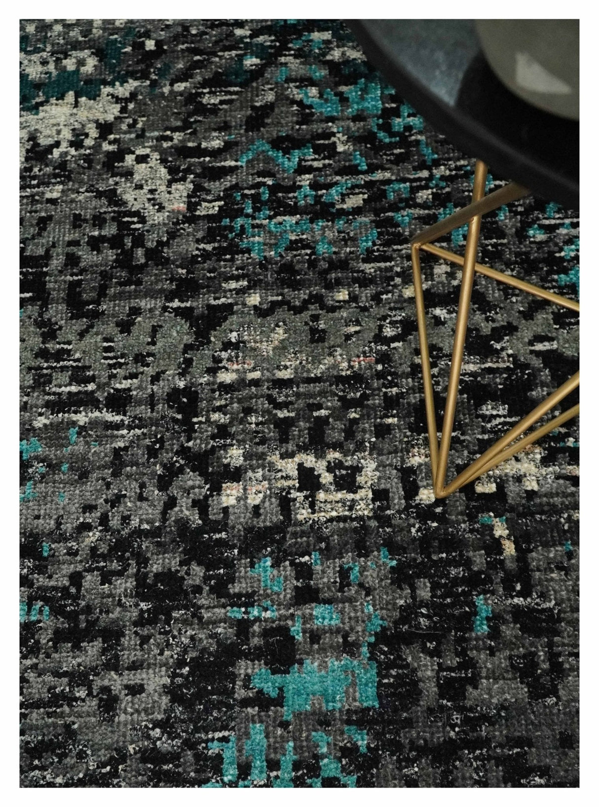5x8 Hand Knotted Charcoal, Ivory and Blue Modern Abstract Recycled Silk Area Rug