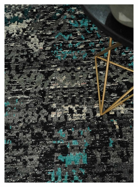 5x8 Hand Knotted Charcoal, Ivory and Blue Modern Abstract Recycled Silk Area Rug
