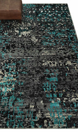 5x8 Hand Knotted Charcoal, Ivory and Blue Modern Abstract Recycled Silk Area Rug