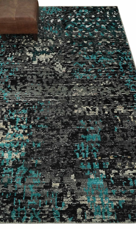 5x8 Hand Knotted Charcoal, Ivory and Blue Modern Abstract Recycled Silk Area Rug