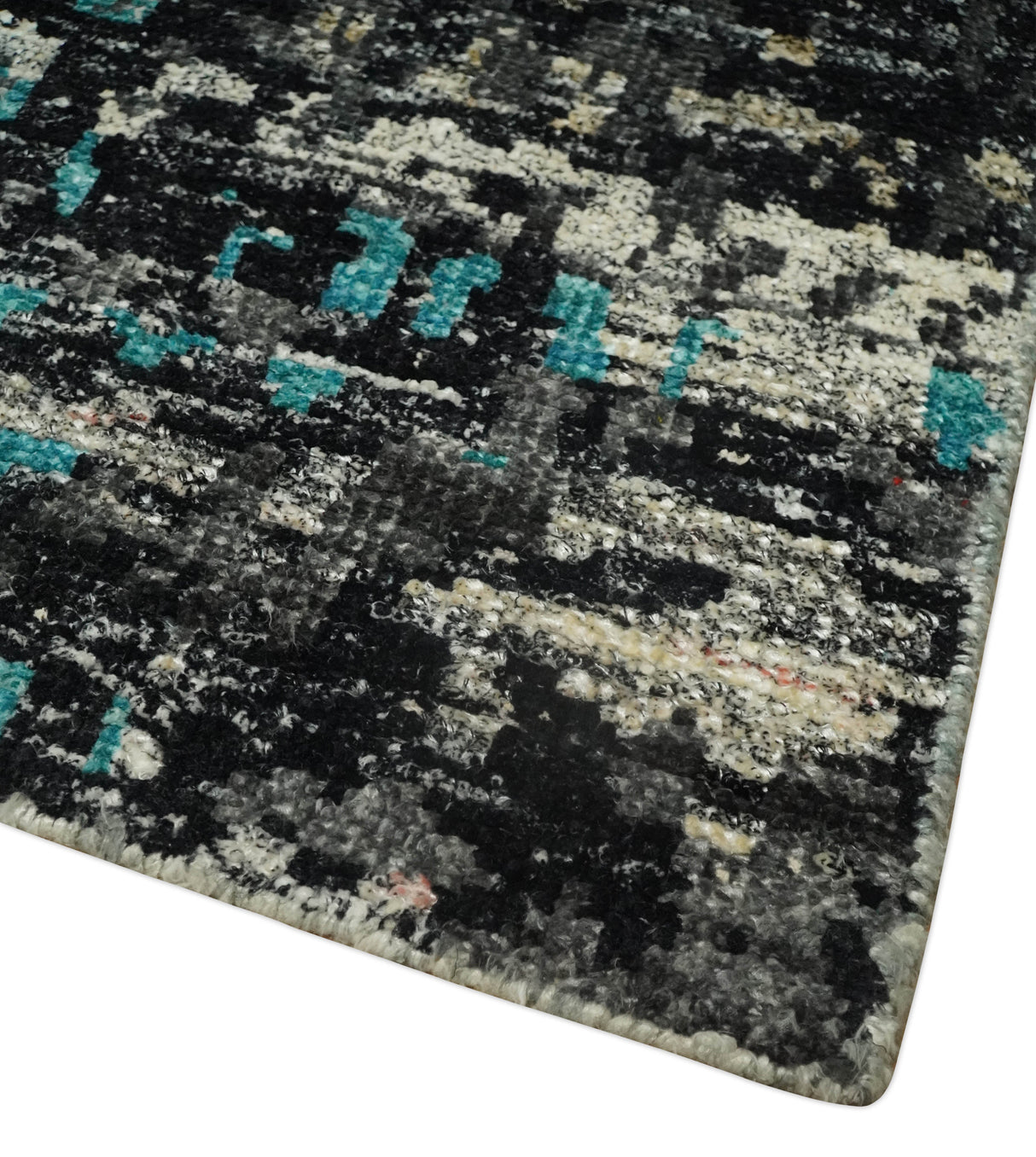 5x8 Hand Knotted Charcoal, Ivory and Blue Modern Abstract Recycled Silk Area Rug