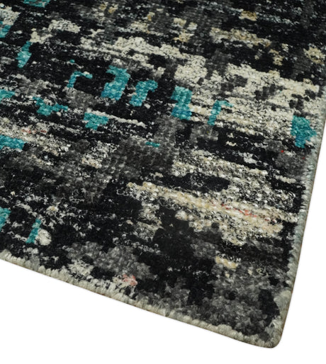 5x8 Hand Knotted Charcoal, Ivory and Blue Modern Abstract Recycled Silk Area Rug