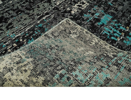 5x8 Hand Knotted Charcoal, Ivory and Blue Modern Abstract Recycled Silk Area Rug
