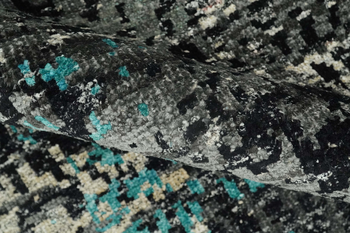 5x8 Hand Knotted Charcoal, Ivory and Blue Modern Abstract Recycled Silk Area Rug