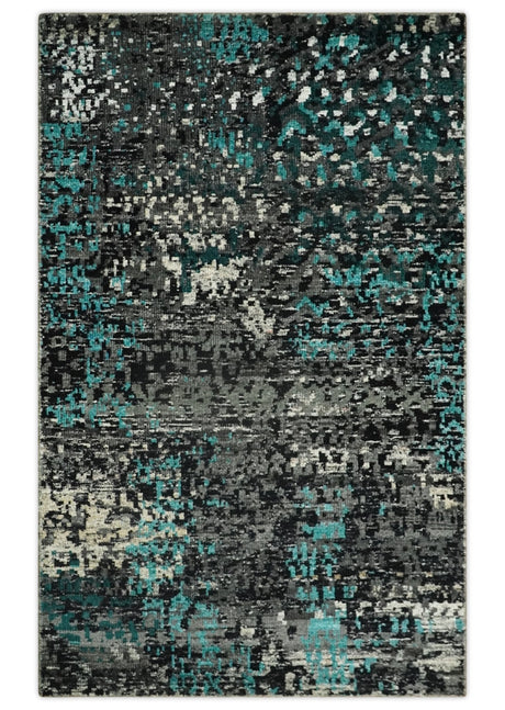 5x8 Hand Knotted Charcoal, Ivory and Blue Modern Abstract Recycled Silk Area Rug
