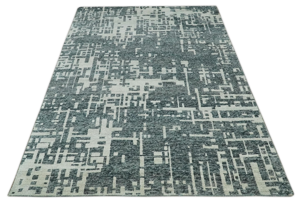 5x8 Hand Knotted Gray, Charcoal and Ivory Modern Abstract Contemporary Recycled art silk Area Rug-Area Rug-Parc Decor