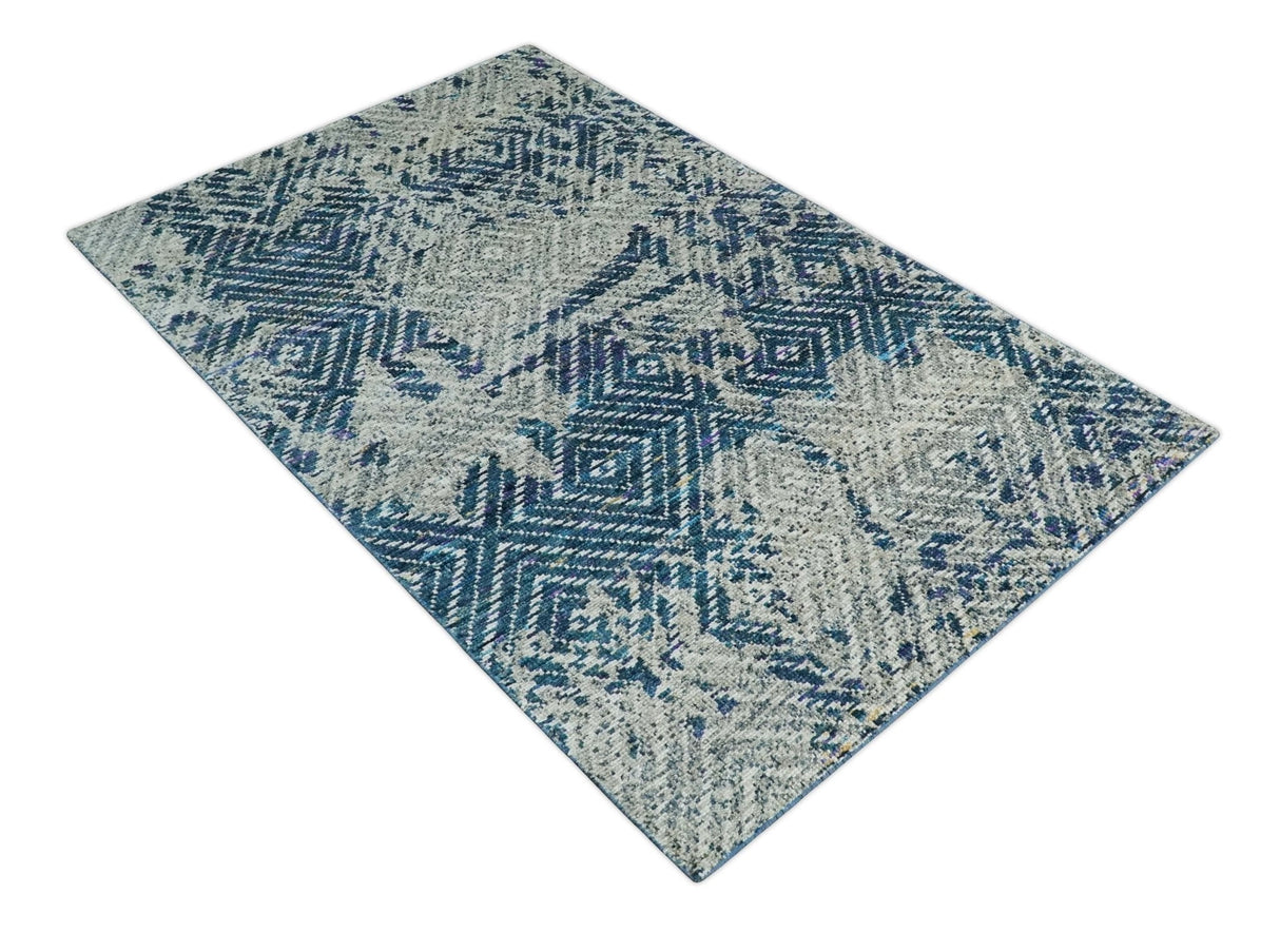 5x8 Hand Knotted Ivory And Blue and Modern Contemporary Recycled Silk Area Rug
