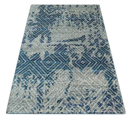 5x8 Hand Knotted Ivory And Blue and Modern Contemporary Recycled Silk Area Rug
