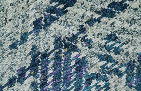 5x8 Hand Knotted Ivory And Blue and Modern Contemporary Recycled Silk Area Rug