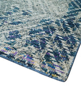 5x8 Hand Knotted Ivory And Blue and Modern Contemporary Recycled Silk Area Rug