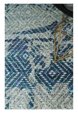 5x8 Hand Knotted Ivory And Blue and Modern Contemporary Recycled Silk Area Rug