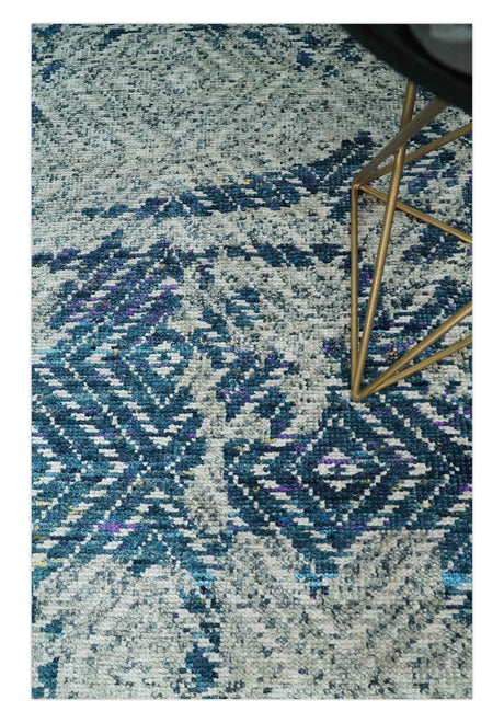 5x8 Hand Knotted Ivory And Blue and Modern Contemporary Recycled Silk Area Rug