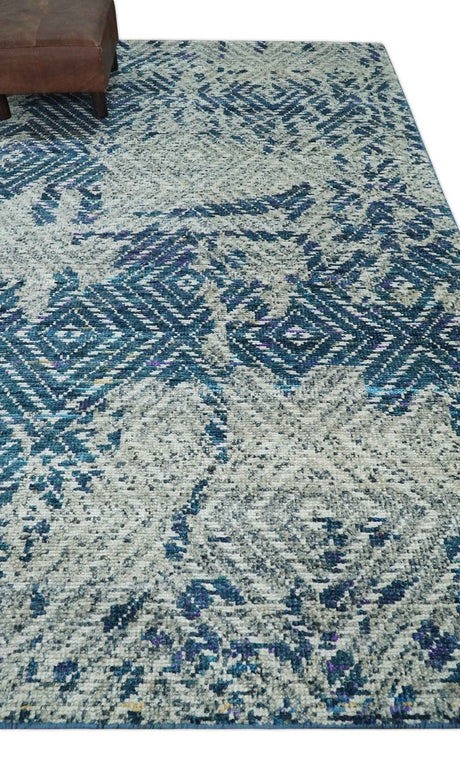 5x8 Hand Knotted Ivory And Blue and Modern Contemporary Recycled Silk Area Rug