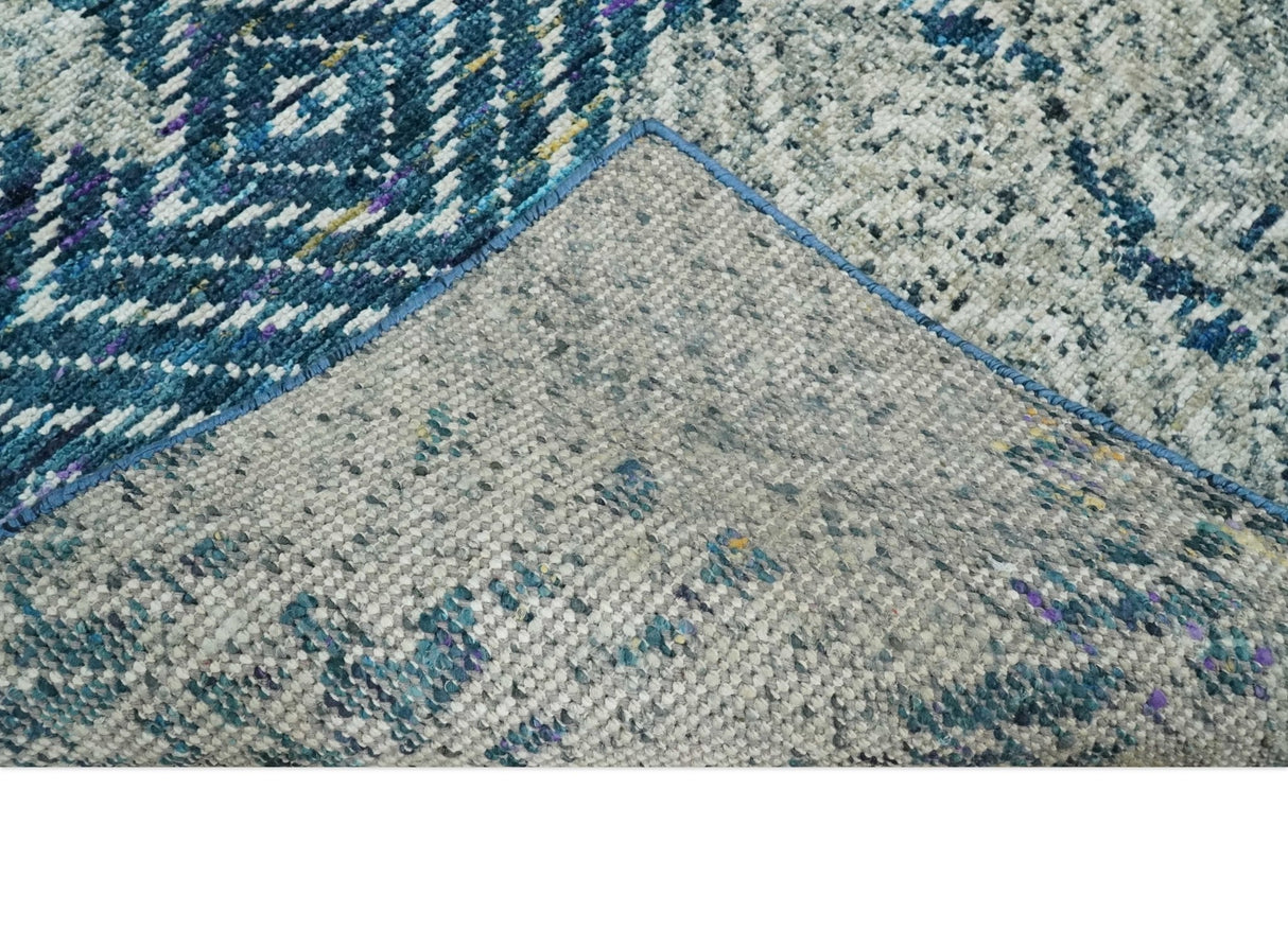 5x8 Hand Knotted Ivory And Blue and Modern Contemporary Recycled Silk Area Rug