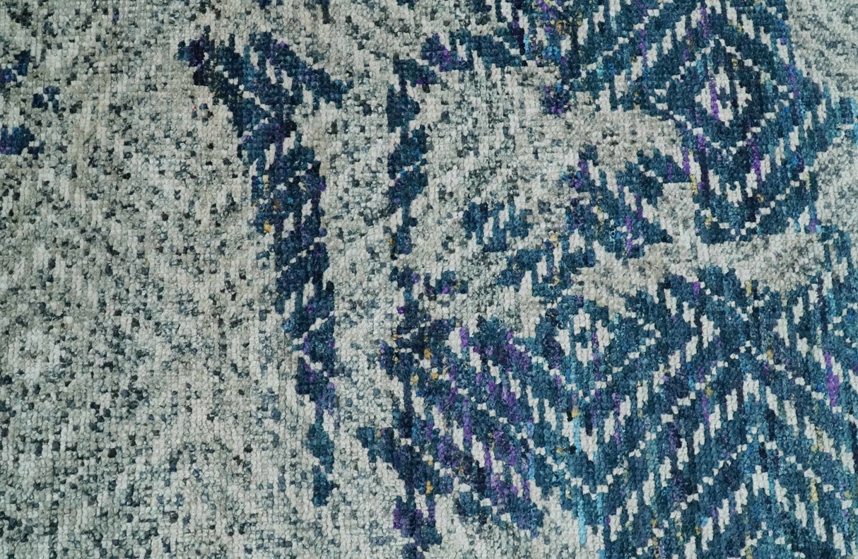 5x8 Hand Knotted Ivory And Blue and Modern Contemporary Recycled Silk Area Rug