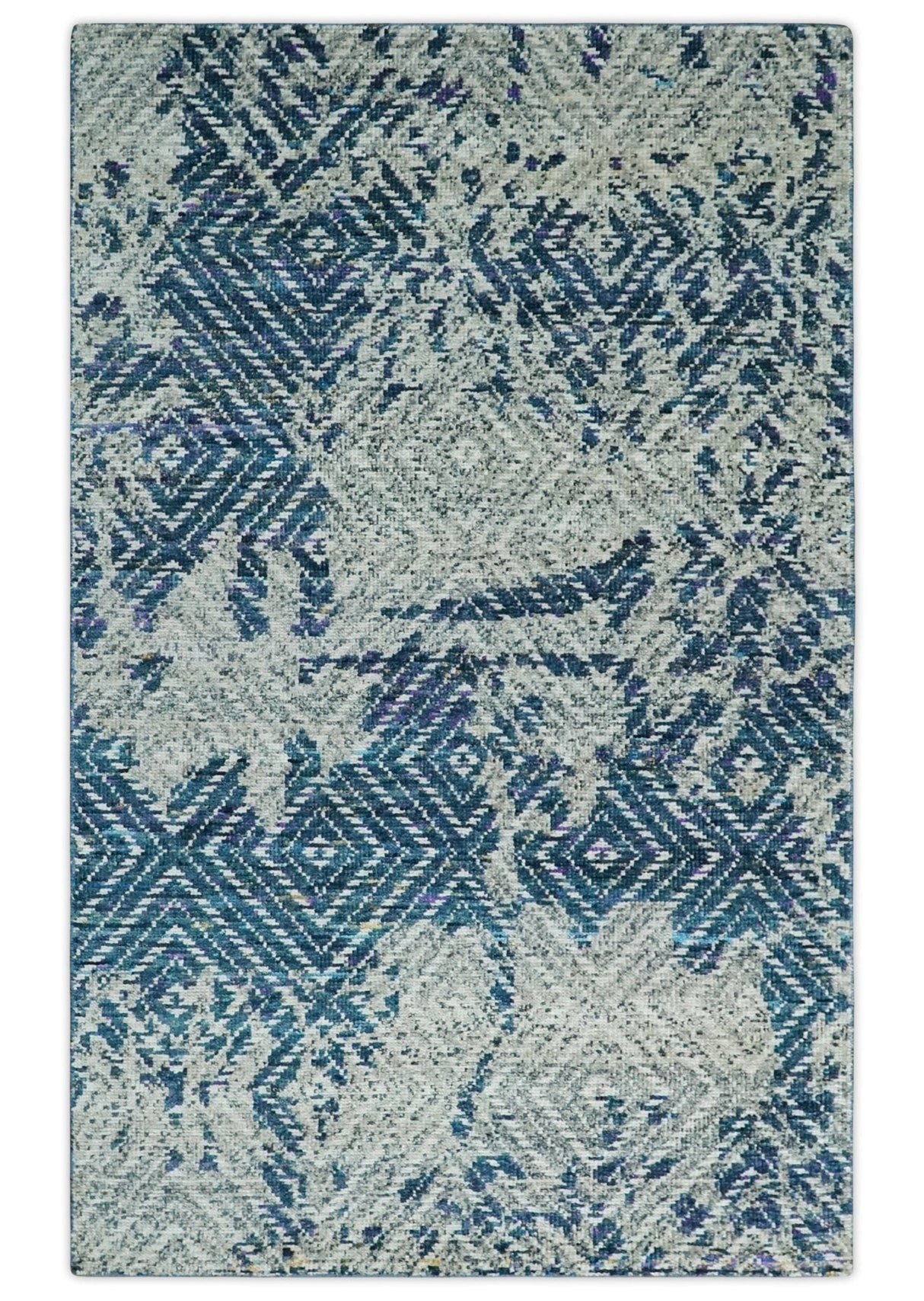 5x8 Hand Knotted Ivory And Blue and Modern Contemporary Recycled Silk Area Rug