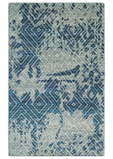 5x8 Hand Knotted Ivory And Blue and Modern Contemporary Recycled Silk Area Rug