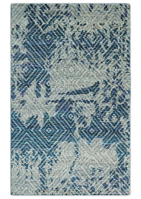 5x8 Hand Knotted Ivory And Blue and Modern Contemporary Recycled Silk Area Rug