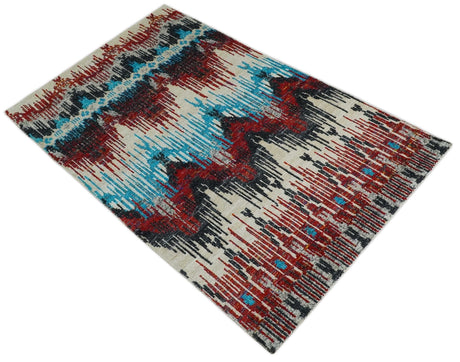 5x8 Hand Knotted Ivory, Blue and Maroon Modern Abstract Recycled Silk Area Rug