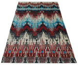 5x8 Hand Knotted Ivory, Blue and Maroon Modern Abstract Recycled Silk Area Rug