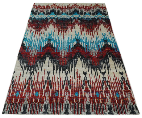5x8 Hand Knotted Ivory, Blue and Maroon Modern Abstract Recycled Silk Area Rug