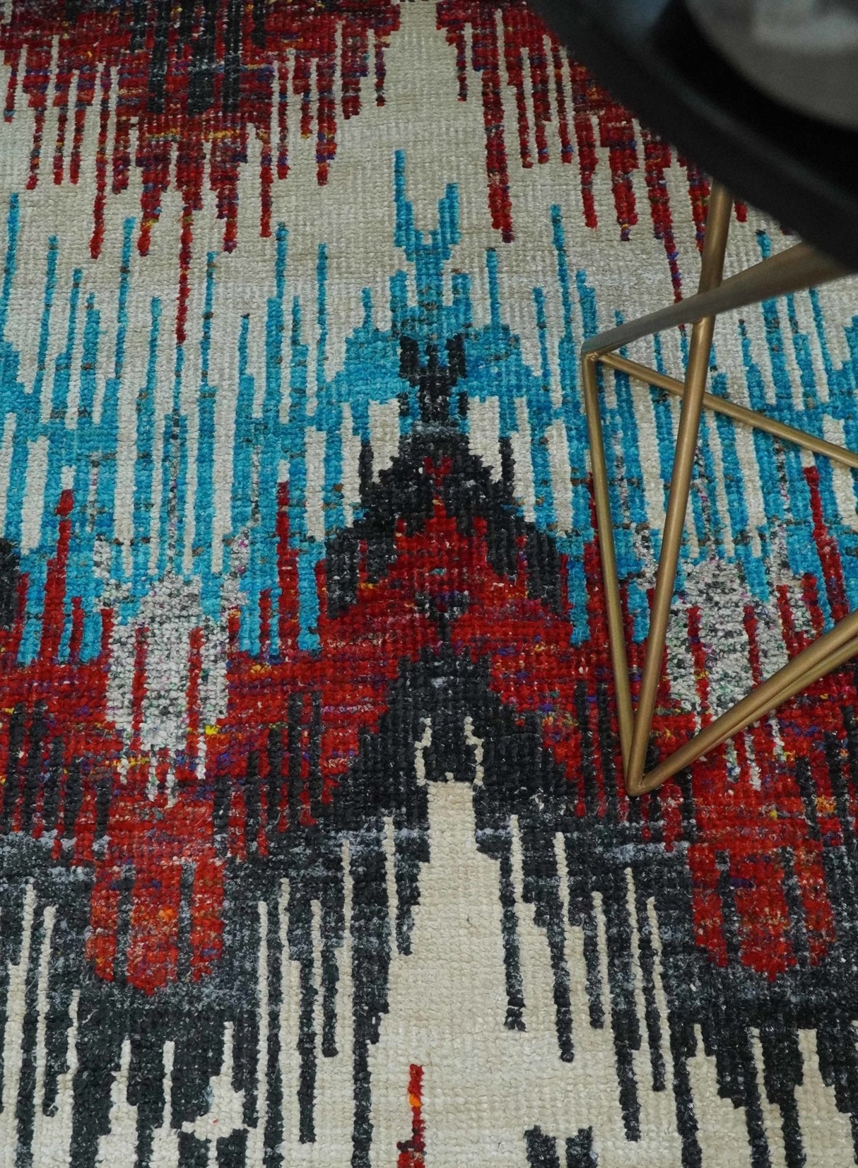 5x8 Hand Knotted Ivory, Blue and Maroon Modern Abstract Recycled Silk Area Rug