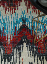 5x8 Hand Knotted Ivory, Blue and Maroon Modern Abstract Recycled Silk Area Rug
